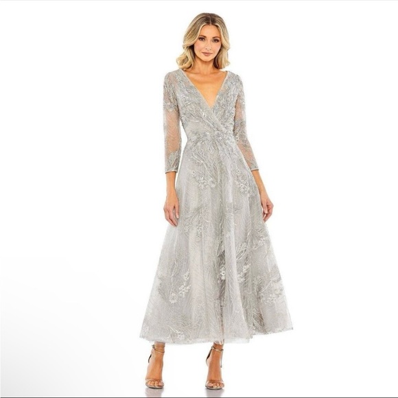 Mac Duggal Elegant Silver Long Sleeve Dress - Picture 3 of 9